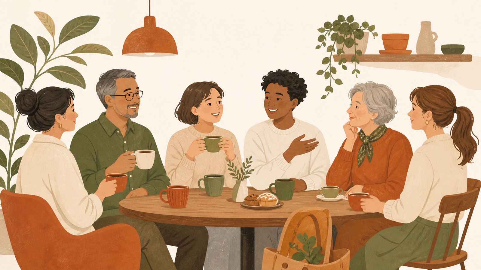カフェのテーブルを囲んで談笑するさまざまな年代の人たちのイラスト
