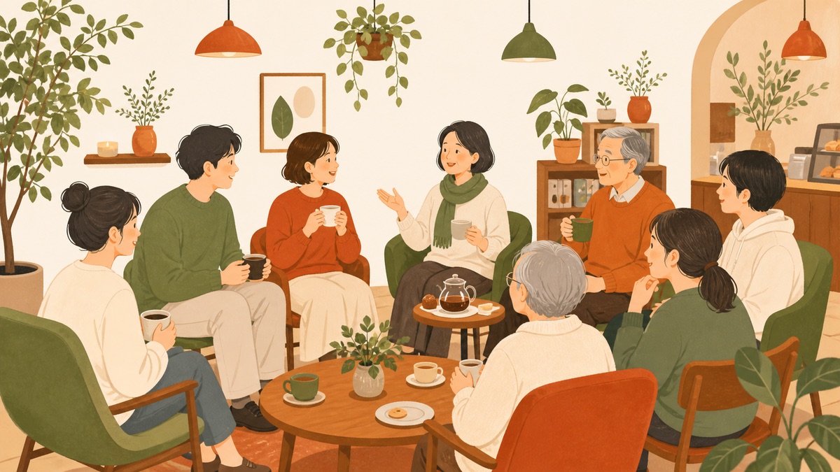 カフェでお茶を飲みながら輪になって話すさまざまな年代の人たちのイラスト