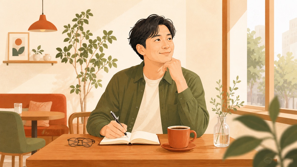 カフェでノートに書き物をしながら微笑む30代男性のイラスト