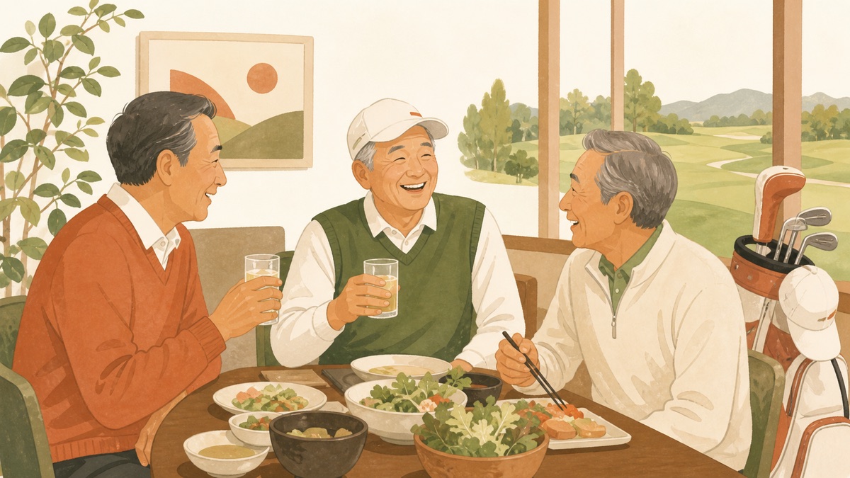 ゴルフ仲間との食事で笑い合う60代男性のイラスト