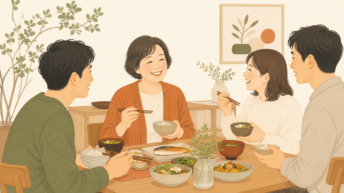 家族との食卓で笑顔を見せる50代女性のイラスト